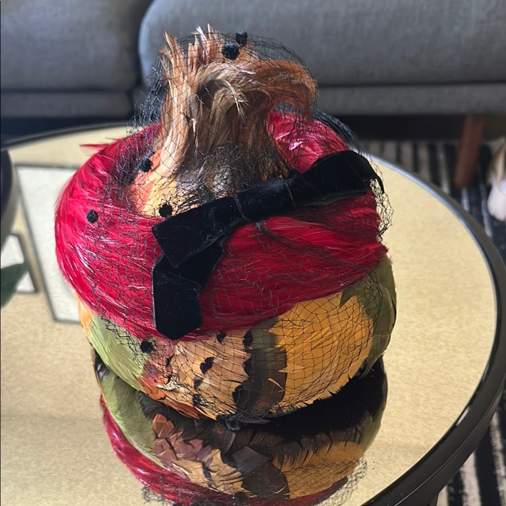 Vintage Feathered Hat with Red and Black Accents